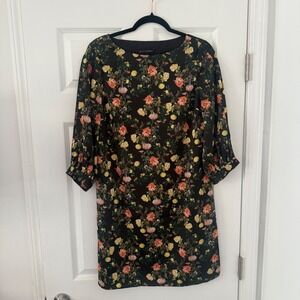Banana Republic Black Floral Print Lemons 3/4 Sleeve Shift Dress 4 Feminine Cute